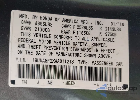 2010 Acura Tl 3.5 из США, поврежденный, VIN 19UUA8F2XAA011218